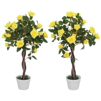 Outsunny Set of 2 Artificial Plants White Rose Floral in Pot, Fake Plants for Home Indoor Decor, 90cm, Yellow(m-10)