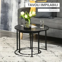 HOMCOM Set di 2 Tavolini da Salotto Rotondi Impilabili in Acciaio ed Effetto Marmo, Nero(m-4)