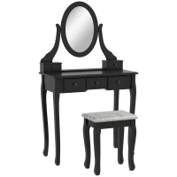 Tocador + Taburete y Espejo Mesa Maquillaje 5 Cajones Blanco Negro Mesa MDF NUE (Negro)(m-1)