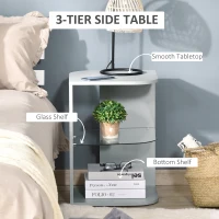 HOMCOM Modern Side Table, 3-tier Bedside Table, Nightstand with 2 Storage Shelves, Glass Shelf for Living room, Bedroom, Corner, Grey(m-5)
