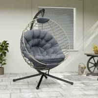 Outsunny PE Rattan Swing Chair, Outdoor Hanging Chair with Metal Stand, Thick Padded Cushion, Foldable Basket and Cup Holder, for Indoor and Outdoor, Grey(m-9)