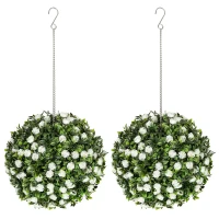 HOMCOM Set of 2 Decorative Artificial Plants, UV-protected Artificial Plant Topiary Rose Balls, Fake Plants for Home Indoor outdoor Decor, 28cm, White(m-1)