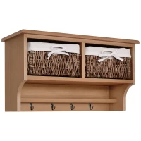 HOMCOM Entryway Coat Rack Wall Mounted Shelf w/ 2 Corn Husk Baskets and Hooks, Brown(m-10)