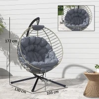 Outsunny PE Rattan Swing Chair, Outdoor Hanging Chair with Metal Stand, Thick Padded Cushion, Foldable Basket and Cup Holder, for Indoor and Outdoor, Grey(m-3)