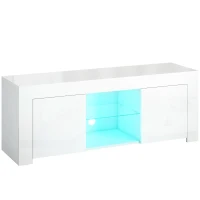 HOMCOM Meuble TV avec éclairage LED, 2 portes d'armoire, étagère en verre, passes-câbles, pour salon, aggloméré, Blanc(m-7)