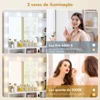 HOMCOM Toucador de Maquilhagem com Luzes LED Banco Espelho 3 Cores 10 Lâmpadas Gaveta Prateleiras e Compartimentos Branco(m-4)