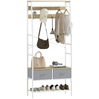 HOMCOM Perchero Zapatero con Zapatero Ganchos Cajones Barra y Eatante para Entrada Pasillo Salón 80x30x180,5 cm Natural(m-10)
