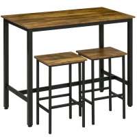 HOMCOM 120x60cm Bar Table Set, Breakfast Table with 2 Stools, 3-Piece Counter Height Dining Table & Chairs for Kitchen, Living Room, Rustic Brown