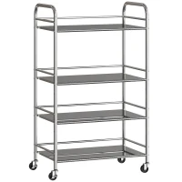 HOMCOM Carrito Auxiliar con Ruedas de Acero Inoxidable Carro de Servicio de 4 Niveles con Estante Ajustable 60x35x100 cm Plata(m-1)