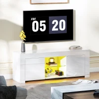 HOMCOM Meuble TV avec éclairage LED, 2 portes d'armoire, étagère en verre, passes-câbles, pour salon, aggloméré, Blanc(m-2)