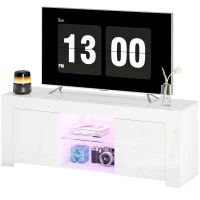 HOMCOM Mueble de TV con iluminación LED, 2 puertas de armario, estante de cristal, agujeros para cables, para sala de estar, aglomerado, Blanco(m-7)