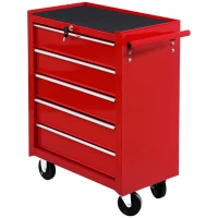 HOMCOM 5 Drawer Tool Box on Wheels, Lockable Steel Tool Cabinet with Side Handle, Red(m-10)