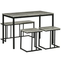 HOMCOM Dining Table and Chairs Set for 4 People, Concrete Effect Kitchen Table and Bench Set with Steel Frame, 4 Piece Dining Room Sets, Grey(m-1)