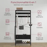 HOMCOM Portant à vêtements industriel avec 2 tiroirs en tissu, étagère, 8 crochets et cadre en acier, 80 x 30 x 180,5 cm, noir(m-5)