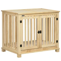 PawHut Wooden Dog Crate, with Double Doors, Cushion, for Medium Dogs - Natural Finish(m-1)