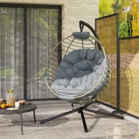 Outsunny PE Rattan Swing Chair, Outdoor Hanging Chair with Metal Stand, Thick Padded Cushion, Foldable Basket and Cup Holder, for Indoor and Outdoor, Grey(m-7)
