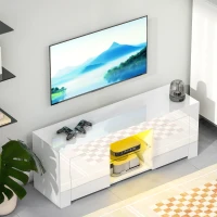 HOMCOM Mueble de TV con iluminación LED, 2 puertas de armario, estante de cristal, agujeros para cables, para sala de estar, aglomerado, Blanco(m-4)