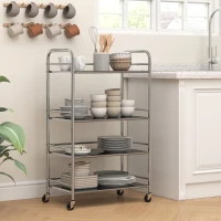 HOMCOM Carrito Auxiliar con Ruedas de Acero Inoxidable Carro de Servicio de 4 Niveles con Estante Ajustable 60x35x100 cm Plata(m-8)