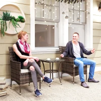 Outsunny Ensemble Salon de Jardin 2 Places : 2 fauteuils et Table Basse Plateau Verre trempé résine tressée Imitation rotin Chocolat foncé Coussins Blanc(m-8)