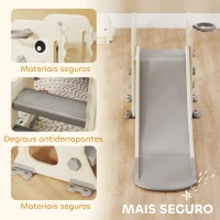 AIYAPLAY Escorrega Infantil 3 em 1 Dobrável com Escada Cesto de Basquetebol e Desenho de Dinossauro 146x52x65 cm Creme e Cinza(m-8)
