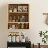 HOMCOM Wandmontierter Badezimmerschrank mit Offenem Regal und Dekorierten Türen, Marmorplatte, 60x18x70 cm, Eiche(m-3)