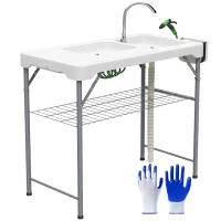 Outsunny Mesa para Campismo Dobrável Mesa com 2 Lavatórios Mangueira de Drenagem Estação de Limpeza 108x58x92 cm Branco(m-10)