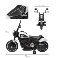 HOMCOM Motocicleta Elétrica para Crianças de 18-36 Meses com Bateria 6V Farol e Rodas Auxiliares Removíveis 76x42x57 cm Branca(m-3)