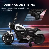 HOMCOM Motocicleta Elétrica para Crianças de 18-36 Meses com Bateria 6V Farol e Rodas Auxiliares Removíveis 76x42x57 cm Branca(m-5)