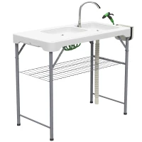 Outsunny Mesa para Campismo Dobrável Mesa com 2 Lavatórios Mangueira de Drenagem Estação de Limpeza 108x58x92 cm Branco(m-1)