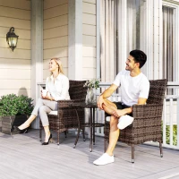 Outsunny Ensemble Salon de Jardin 2 Places : 2 fauteuils et Table Basse Plateau Verre trempé résine tressée Imitation rotin Chocolat foncé Coussins Blanc(m-9)