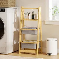 HOMCOM Mensola per Bagno Pieghevole in Bambù con 2 Cesti per Biancheria Sporca Mensola Aperta Grigio(m-4)