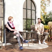 Outsunny Ensemble Salon de Jardin 2 Places : 2 fauteuils et Table Basse Plateau Verre trempé résine tressée Imitation rotin Chocolat foncé Coussins Blanc(m-2)