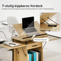HOMCOM Mobiele podiumstandaard, spreekgestoelte met opklapbare zijvleugels, laptoptafel met lade en planken, in eik(m-5)