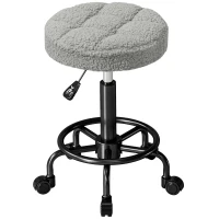 HOMCOM Tabouret Giratoire Rond Tabouret avec Roues Hauteur Réglable 50-66 cm Siège Revêtu en Tissu Pelucheux Gris(m-1)