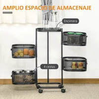 HOMCOM Carrito Auxiliar con Ruedas de 5 Niveles con 4 Cestas de Almacenamiento Giratorias 270° y Bandeja 33x33x77 cm Negro(m-4)