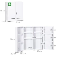 kleankin Armário para Medicamentos Armário de Primeiros Socorros de Parede em Aço de 3 Níveis com Fecho e 2 Chaves 55x18x60 cm Branco(m-3)