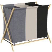 HOMCOM Panier à Linge Pliable avec 3 Compartiments Capacité 129L avec Structure en Bambou et Sacs Amovibles Multicolore(m-7)