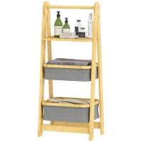 HOMCOM Mensola per Bagno Pieghevole in Bambù con 2 Cesti per Biancheria Sporca Mensola Aperta Grigio(m-6)