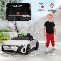 HOMCOM Carro Elétrico AUDI RS E-Tron GT 12V com 2 Motores Controlo Remoto Faróis LED Buzina Música USB 3-5km/h 103x58x41cm Branco(m-3)