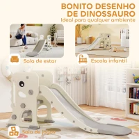 AIYAPLAY Escorrega Infantil 3 em 1 Dobrável com Escada Cesto de Basquetebol e Desenho de Dinossauro 146x52x65 cm Creme e Cinza(m-7)