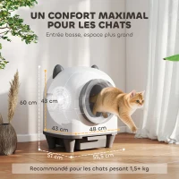 PawHut Bac à litière pour chat autonettoyant 80L, bac à litière automatique contrôle app, anti-pinch, 55,5 x 51 x 60 cm, blanc(m-3)