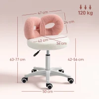 HOMCOM Hocker mit Rollen und Rückenlehne Höhenverstellbar 63-77 cm Bezug aus Lammfellstoff Weiß und Rosa(m-3)