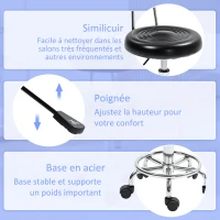 HOMCOM Tabouret à roulettes, tabouret de massage avec hauteur réglable 70-86 cm et dossier, pivotant 360°, noir(m-6)