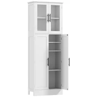 HOMCOM Mobile Salle de Bain Haut avec Étagères Réglables, Portes en Verre et Bois, 60x30x170 cm, Blanc(m-6)