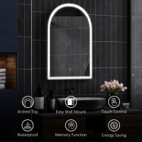 HOMCOM Espejo de Baño LED 90x60 cm Mural 3 Colores Arqueado Marco de Aluminio Desempañado e Interruptor Táctil(m-7)