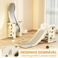 AIYAPLAY Escorrega Infantil 3 em 1 Dobrável com Escada Cesto de Basquetebol e Desenho de Dinossauro 146x52x65 cm Creme e Cinza(m-4)