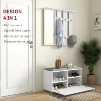 Homcom Set Hol 4‑in‑1 – Banca cu Scaun, Cuiere & Oglinda Alb(m-4)