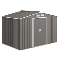 Outsunny Cobertizo de Jardín 4,9 m² 277x195x192 cm con 2 Puertas Corredizas Base Refuerzo (Suelo NO Incluido) Gris(m-10)
