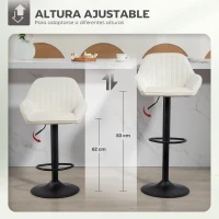 HOMCOM Juego de 2 Taburetes de Bar Giratorios Altura Ajustable 62-83 cm Tapizada en Terciopelo Respaldo y Reposapiés Crema(m-4)