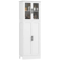 HOMCOM Mobile Salle de Bain Haut avec Étagères Réglables, Portes en Verre et Bois, 60x30x170 cm, Blanc(m-1)